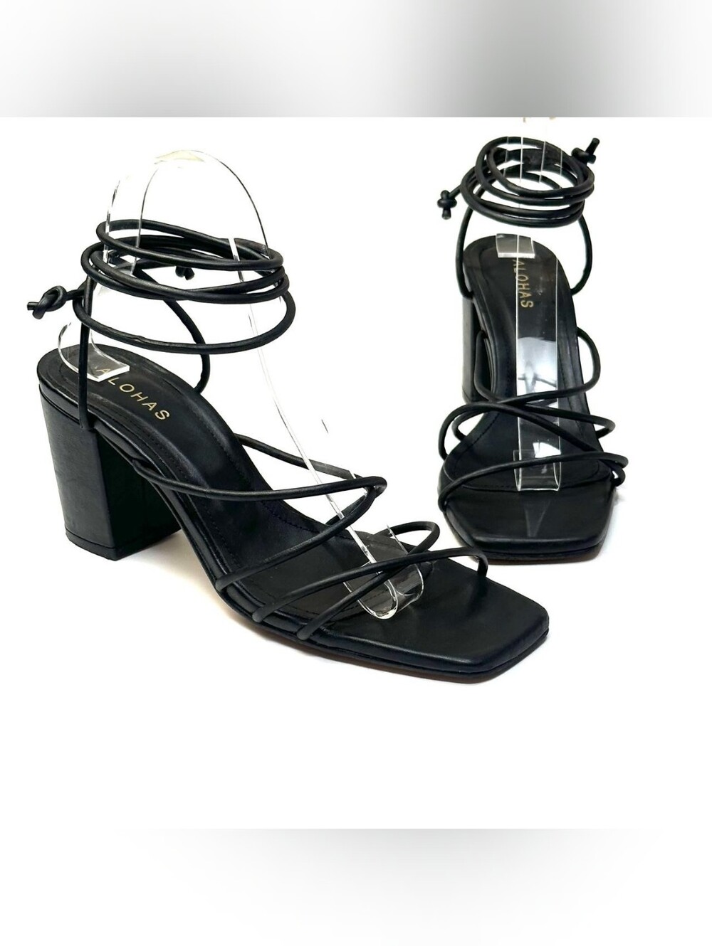 ALOHAS Black Leather Lace Up Ankle Strappy Block Heel Sandals Size 40 US 9 Spain